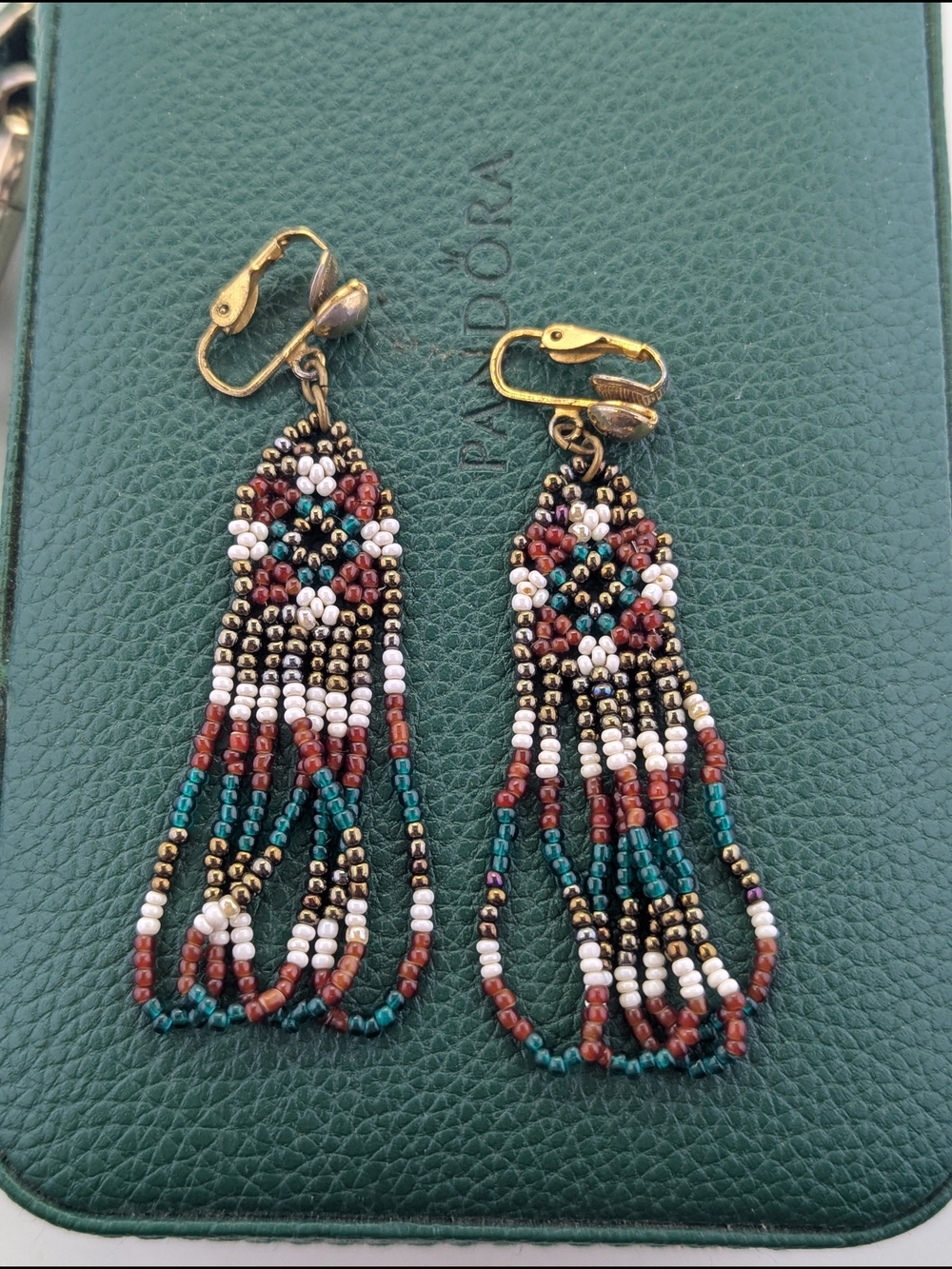 Vintage Hand-Beaded Fringe Drop Clip-On Earrings | Southwestern / Boho Style - Picture 2 of 3